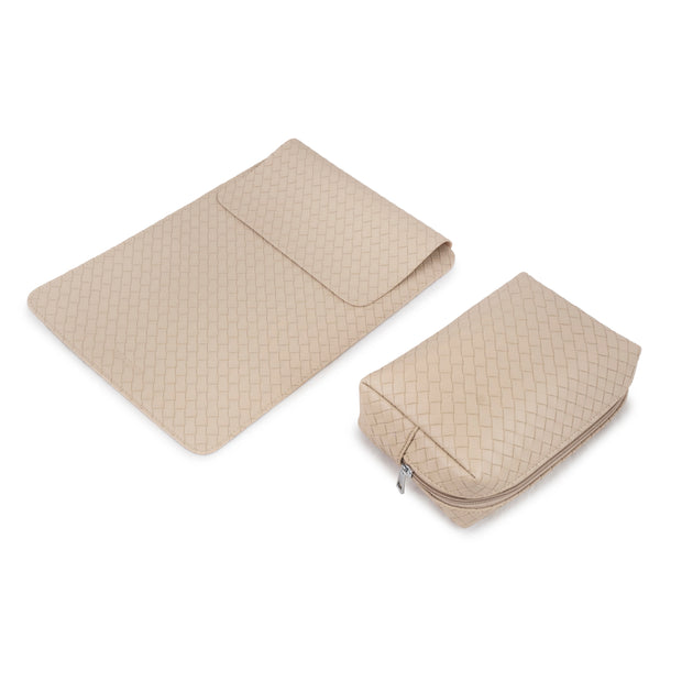 13" Vegan Leather Laptop Sleeve With Pouch (Beige Criss Cross)